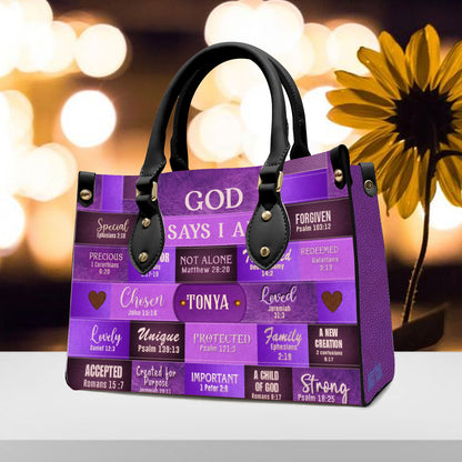 Christianartbag Handbags, God Says I Am Leather Handbag Purple, Personalized Bags, Gifts for Women, Christmas Gift, CABLTB02240923. - Christian Art Bag