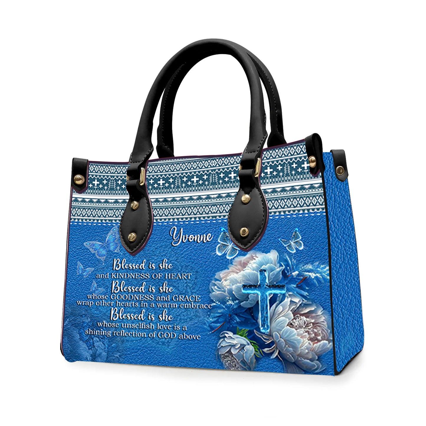 Christianartbag Handbags, Blessed Is She Leather Handbag Blue, Personalized Bags, Gifts for Women, Christmas Gift, CABLTB01290923. - Christian Art Bag