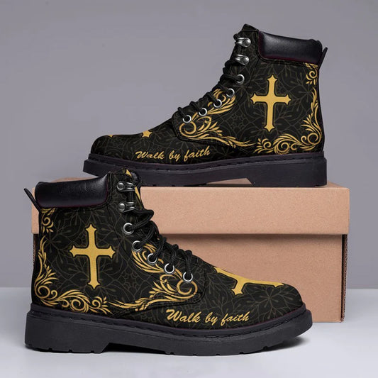 Christianartbag Leather Boots - Black Jesus Walk By Faith Design, Personalized Christian Leather Boots - CABSH07121223 - Christian Art Bag