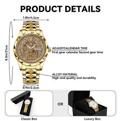 CHRISTIANARTBAG Personalized Luxury Men's Watch - Custom Name Engraved Religious Lion Armor Dial Wristwatch, Gold / Silver / Black Stainless Steel - Faith Gift for Him CAB01052726