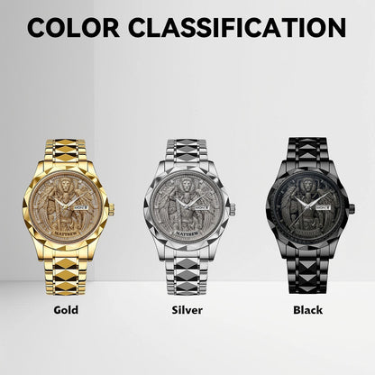 CHRISTIANARTBAG Personalized Luxury Men's Watch - Custom Name Engraved Religious Lion Armor Dial Wristwatch, Gold / Silver / Black Stainless Steel - Faith Gift for Him CAB01052726