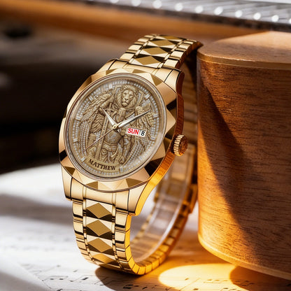CHRISTIANARTBAG Personalized Luxury Men's Watch - Custom Name Engraved Religious Lion Armor Dial Wristwatch, Gold / Silver / Black Stainless Steel - Faith Gift for Him CAB01052726
