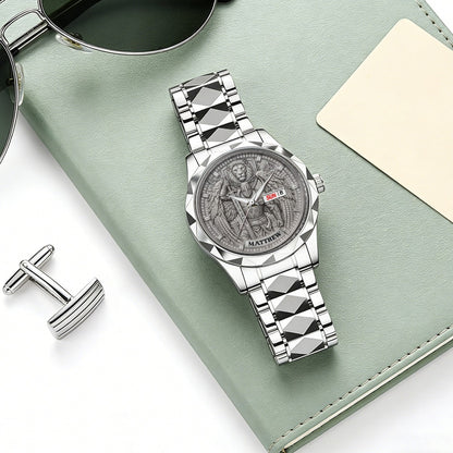 CHRISTIANARTBAG Personalized Luxury Men's Watch - Custom Name Engraved Religious Lion Armor Dial Wristwatch, Gold / Silver / Black Stainless Steel - Faith Gift for Him CAB01052726