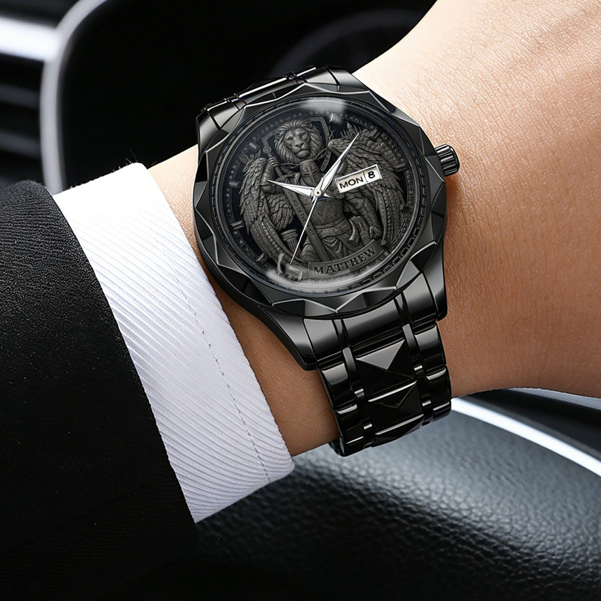 CHRISTIANARTBAG Personalized Luxury Men's Watch - Custom Name Engraved Religious Lion Armor Dial Wristwatch, Gold / Silver / Black Stainless Steel - Faith Gift for Him CAB01052726