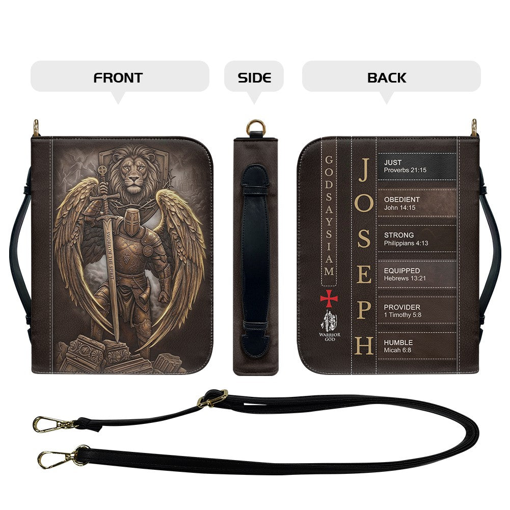 Personalized Leather Bible Cover for Men - Custom Name & Acrostic Bible Verses - Warrior of God Lion & Knight Design - Christian Gift for Him CAB152626