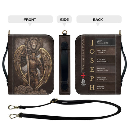 Personalized Leather Bible Cover for Men - Custom Name & Acrostic Bible Verses - Warrior of God Lion & Knight Design - Christian Gift for Him CAB152626