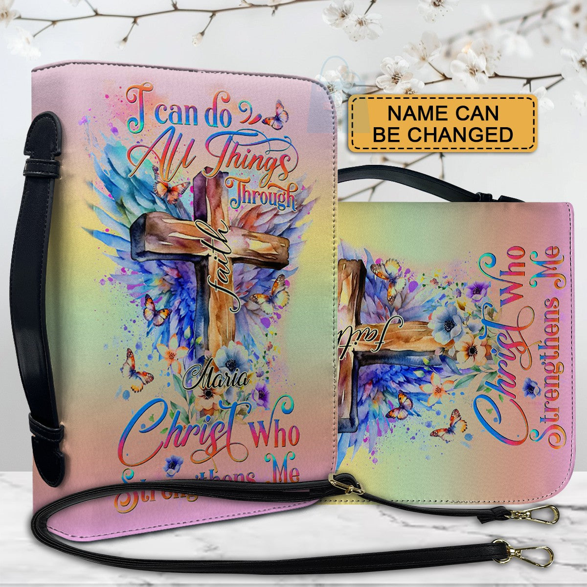 Personalized Bible Cover Rainbow – I Can Do All Things Through Christ | Custom Name Option | CHRISTIANARTBAG