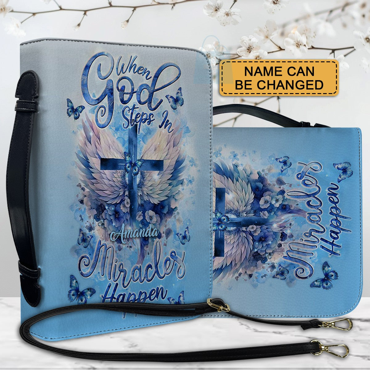 Personalized Bible Cover Blue – When GOD Steps In Miracles Happen | Custom Name Option | CHRISTIANARTBAG