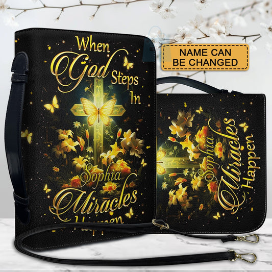 Personalized Bible Cover Black – When GOD Steps In Miracles Happen | Custom Name Option | CHRISTIANARTBAG