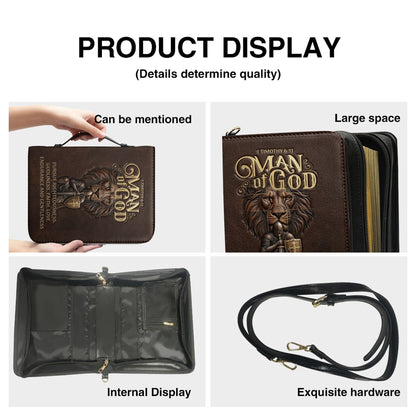 Personalized Bible Cover For Men - Man Of God 1 Timothy 6:11 Lion Warrior Custom Leather Bible Carrying Case With Handle | CHRISTIANARTBAG