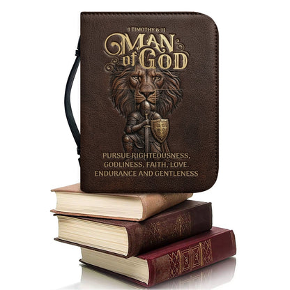 Personalized Bible Cover For Men - Man Of God 1 Timothy 6:11 Lion Warrior Custom Leather Bible Carrying Case With Handle | CHRISTIANARTBAG