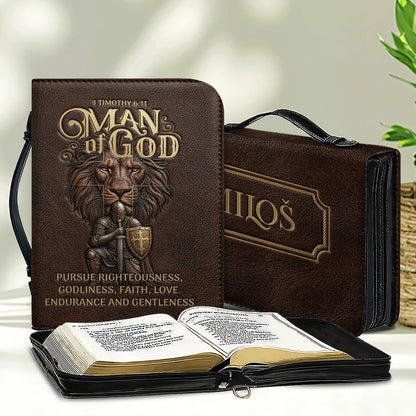 Personalized Bible Cover For Men - Man Of God 1 Timothy 6:11 Lion Warrior Custom Leather Bible Carrying Case With Handle | CHRISTIANARTBAG