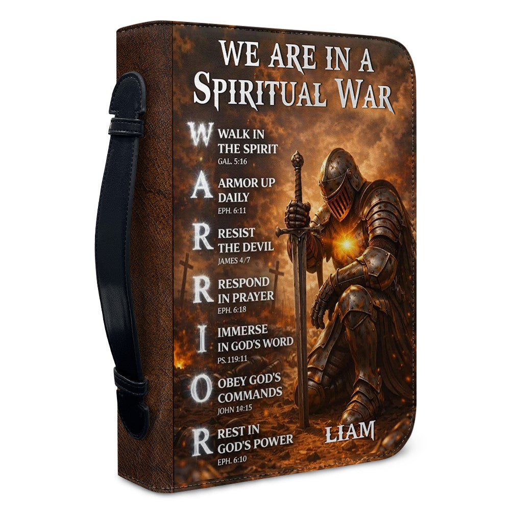Personalized Bible Cover – We Are In A Spiritual War Christian Warrior Design | Custom Name | 3 Versions Available | Leather Scripture Book Cover by CHRISTIANARTBAG