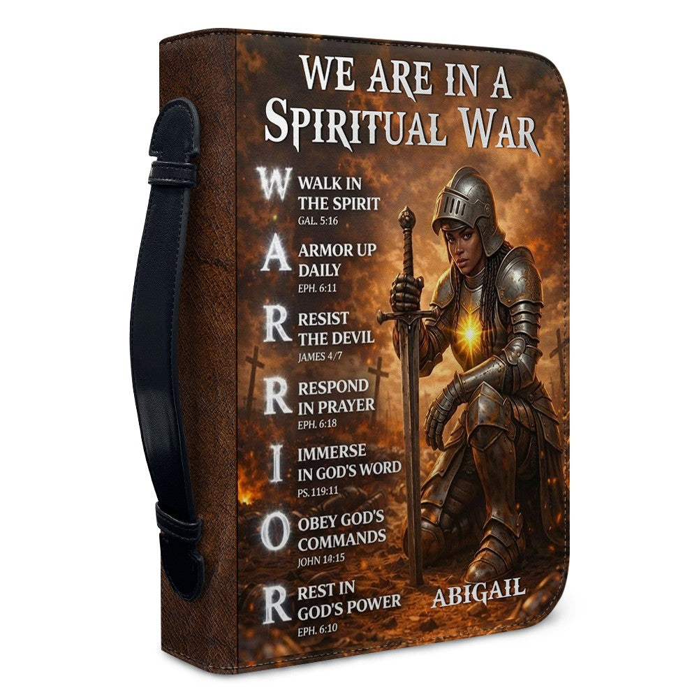 Personalized Bible Cover – We Are In A Spiritual War Christian Warrior Design | Custom Name | 3 Versions Available | Leather Scripture Book Cover by CHRISTIANARTBAG