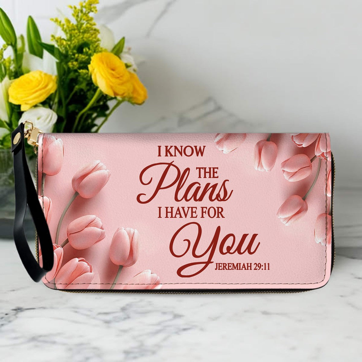 Personalized Leather Handbag SET for Women – Custom Name Christian Bible Verse Purse – Floral Pink Tulip Scripture Bag – Gift by CHRISTIANARTBAG CAB 022726