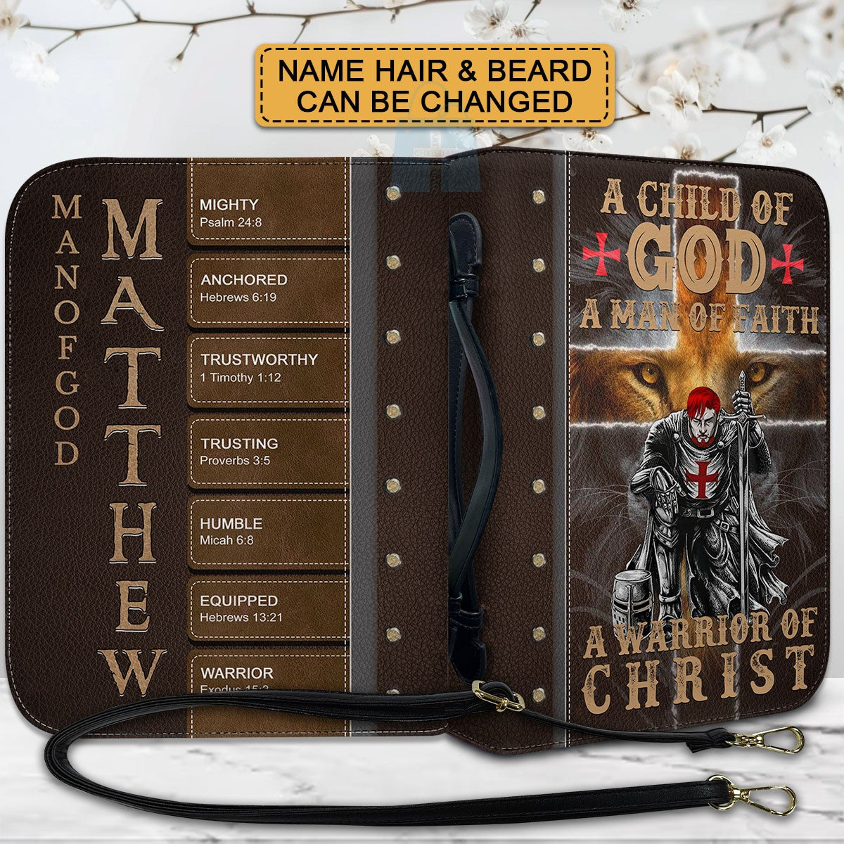 Personalized Christian Bible Cover for Men – A Warrior of Christ Design with Custom Name, Hair & Beard