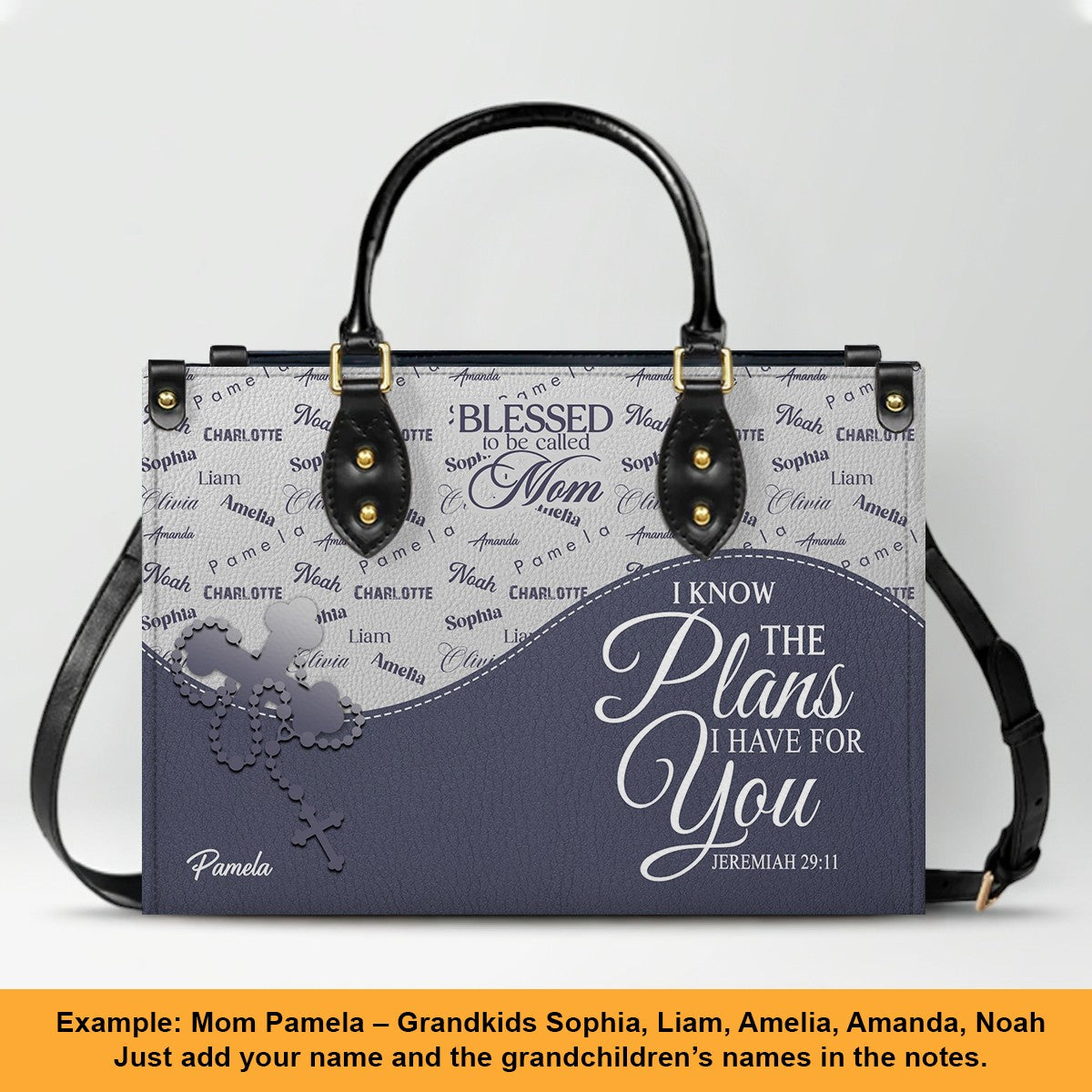 Personalized Leather Handbag – Blessed Grandma Purse with Grandkids' Names Background, Christian Bible Verse Bag, CHRISTIANARTBAG Gift for Women