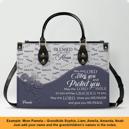Personalized Leather Handbag – Blessed Grandma Purse with Grandkids' Names Background, Christian Bible Verse Bag, CHRISTIANARTBAG Gift for Women