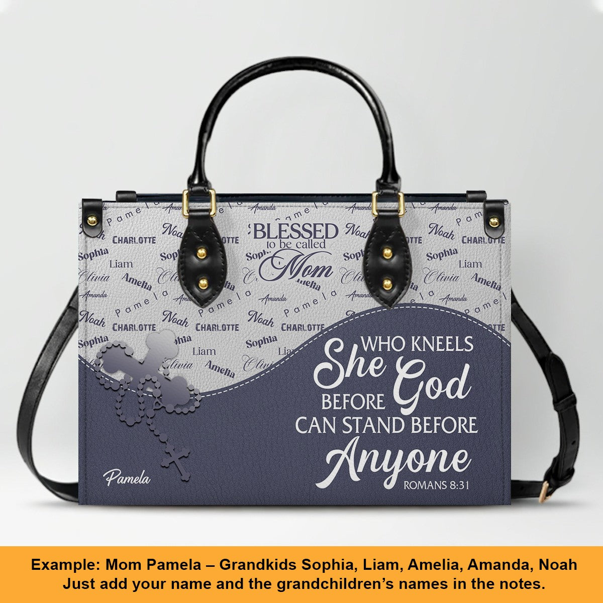 Personalized Leather Handbag – Blessed Grandma Purse with Grandkids' Names Background, Christian Bible Verse Bag, CHRISTIANARTBAG Gift for Women