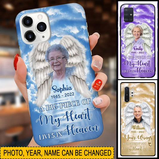 Christianartbag Phone Case, Memorial Upload Photo Wings, A Big Piece Of My Heart Lives In Heaven Personalized Phone Case.