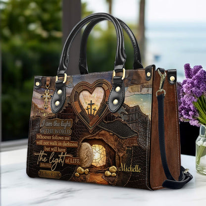 CHRISTIANARTBAG Personalized Leather Handbag - "I Am The Light of The World" John 8:12 Bible Verse Tote Bag with Cross Charm - Custom Name