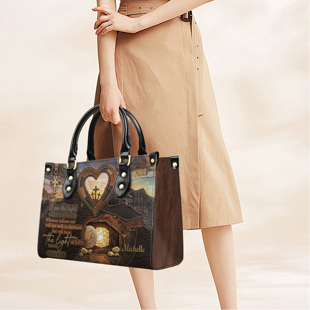 CHRISTIANARTBAG Personalized Leather Handbag - "I Am The Light of The World" John 8:12 Bible Verse Tote Bag with Cross Charm - Custom Name
