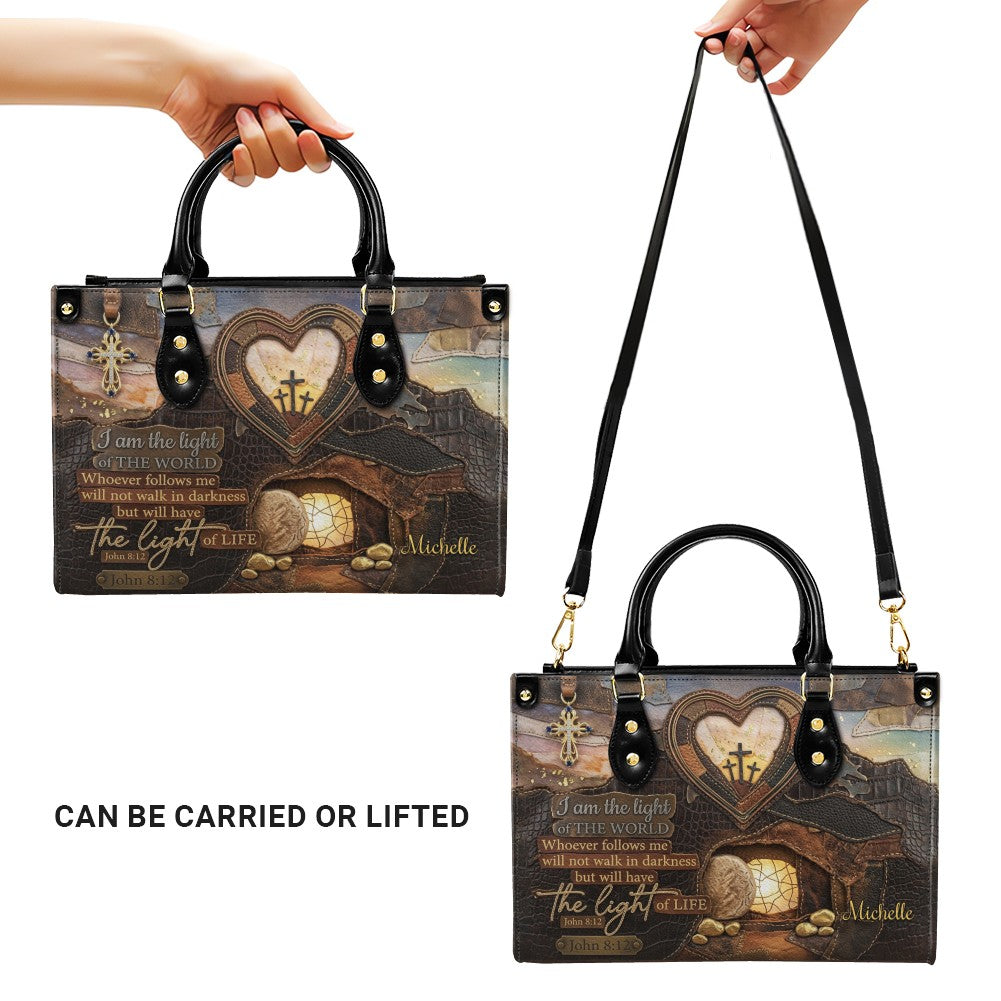 CHRISTIANARTBAG Personalized Leather Handbag - "I Am The Light of The World" John 8:12 Bible Verse Tote Bag with Cross Charm - Custom Name