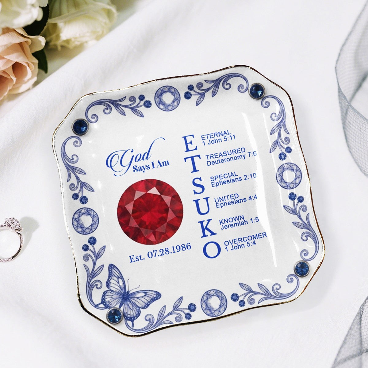 Personalized Ceramic Ring Dish Scalloped Gold Rim, Custom Name & Birthstone Jewelry Tray, Christian Faith Gift for Her - CHRISTIANARTBAG 01072526