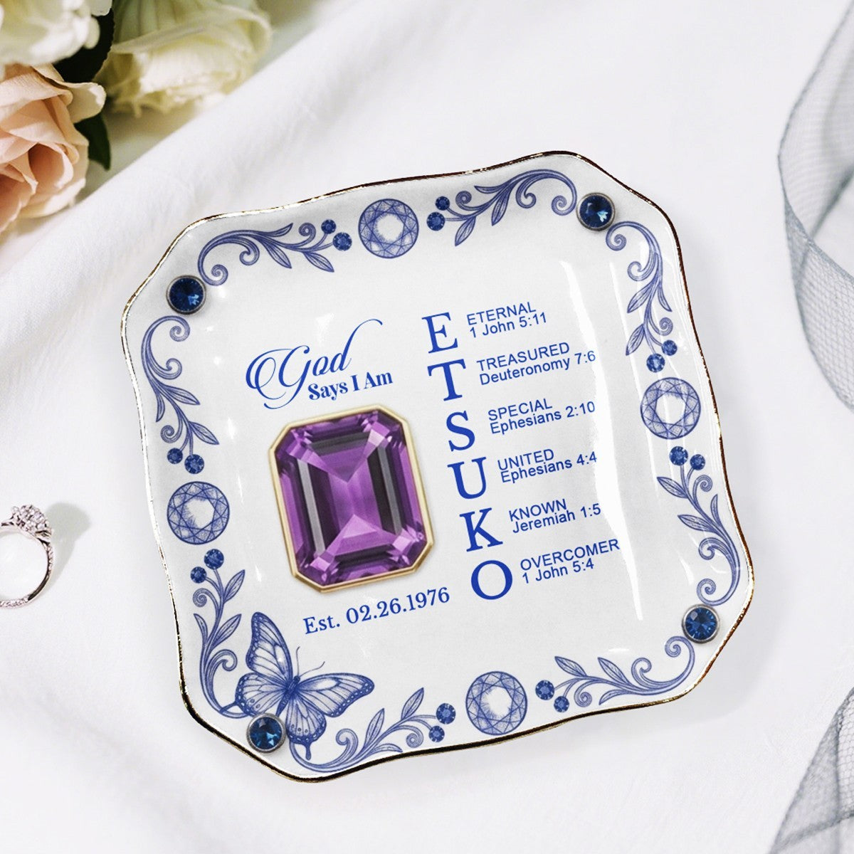Personalized Ceramic Ring Dish Scalloped Gold Rim, Custom Name & Birthstone Jewelry Tray, Christian Faith Gift for Her - CHRISTIANARTBAG 01072526