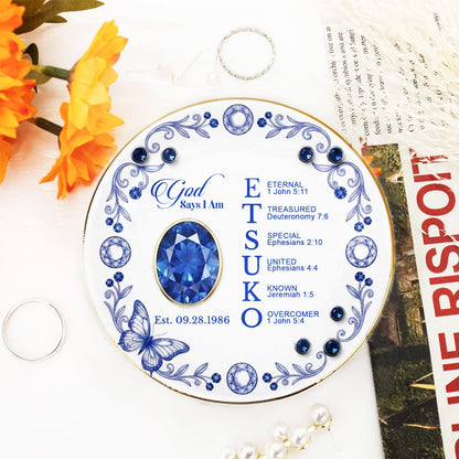 Personalized Ceramic Ring Dish Scalloped Gold Rim, Custom Name & Birthstone Jewelry Tray, Christian Faith Gift for Her - CHRISTIANARTBAG 01072526