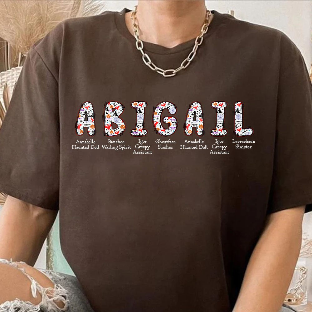 Personalized Halloween Alphabet T-Shirt – Spooky Horror A-Z Characters, Custom Name Graphic Tee