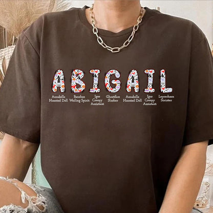 Personalized Halloween Alphabet T-Shirt – Spooky Horror A-Z Characters, Custom Name Graphic Tee