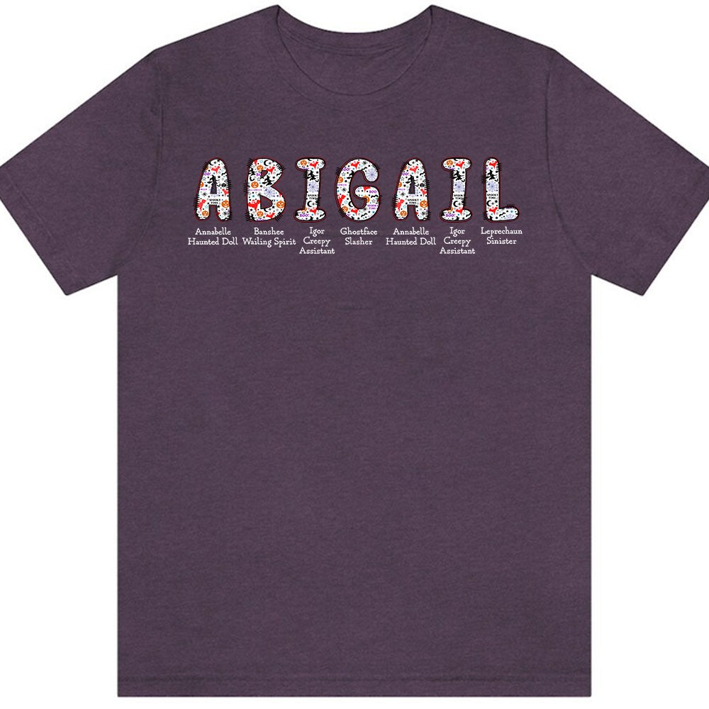Personalized Halloween Alphabet T-Shirt – Spooky Horror A-Z Characters, Custom Name Graphic Tee