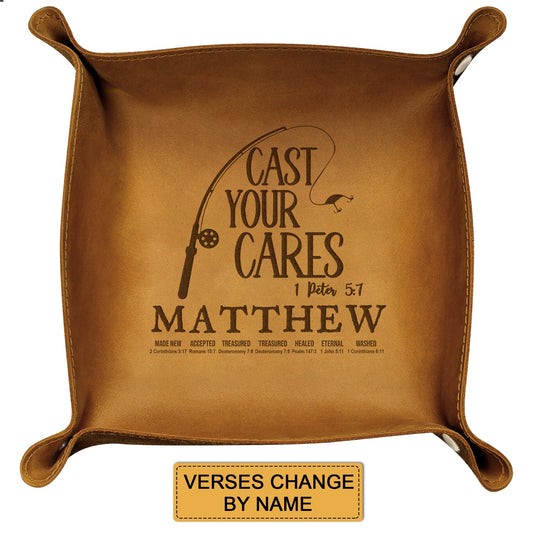 CHRISTIANARTBAG Personalized Leather Tray | Uncover the sacred meaning of your name – Cast Your Cares – Custom Engraved Christian Gift by CHRISTIANARTBAG, CAB02120525