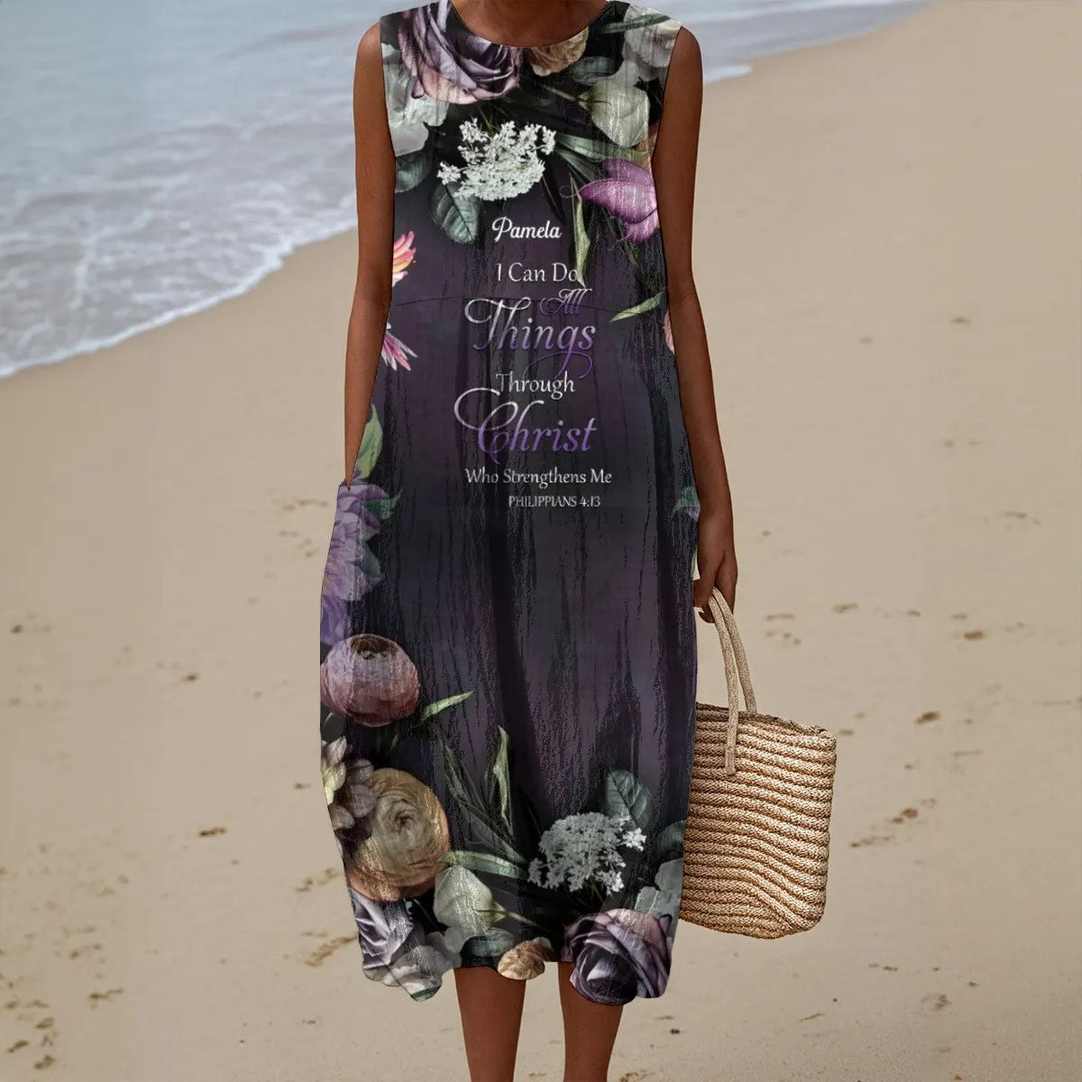 Personalized Christian Sleeveless Maxi Dress for Women – Faith-Inspired Floral A-Line Dress with Bible Verse Print