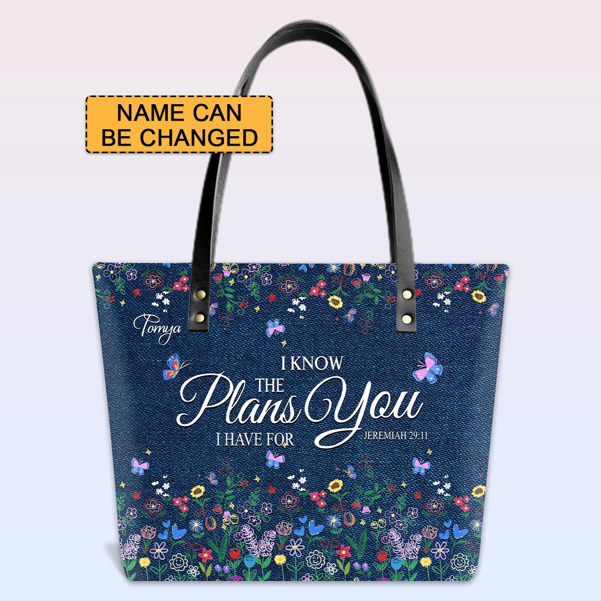 Personalized Leather Tote Bag with Bible Verses – I Know The Plans I Have For You – Custom Faith-Inspired Leather TOTE Bag | CHRISTIANARTBAG Leather TOTE Bag Denim CAB01061925