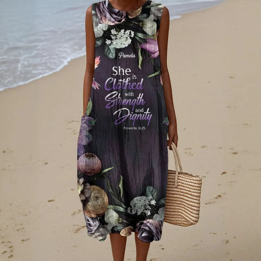 Personalized Christian Sleeveless Maxi Dress for Women – Faith-Inspired Floral A-Line Dress with Bible Verse Print