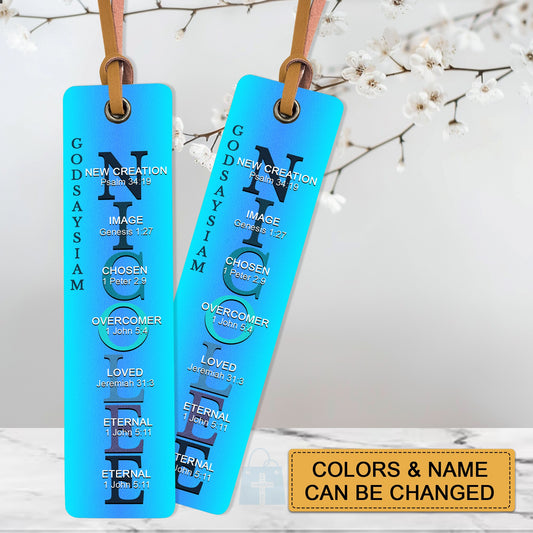 Personalized Christian Leather Bookmark – Custom Name & Bible Verses – God Says I Am Gift for Book Lovers