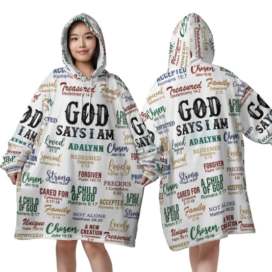 Christianartbag Hoodie Blanket, GOD Says I Am Personalized Hoodie Blanket, Flannel Fleece Hooded Blanket with Pocket, CABHB01071023. - Christian Art Bag