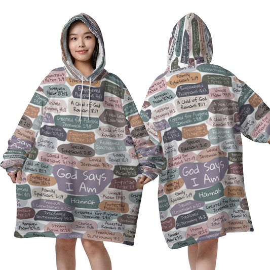 Christianartbag Hoodie Blanket, GOD Says I Am Personalized Hoodie Blanket, Flannel Fleece Hooded Blanket with Pocket, CABHB03071023. - Christian Art Bag