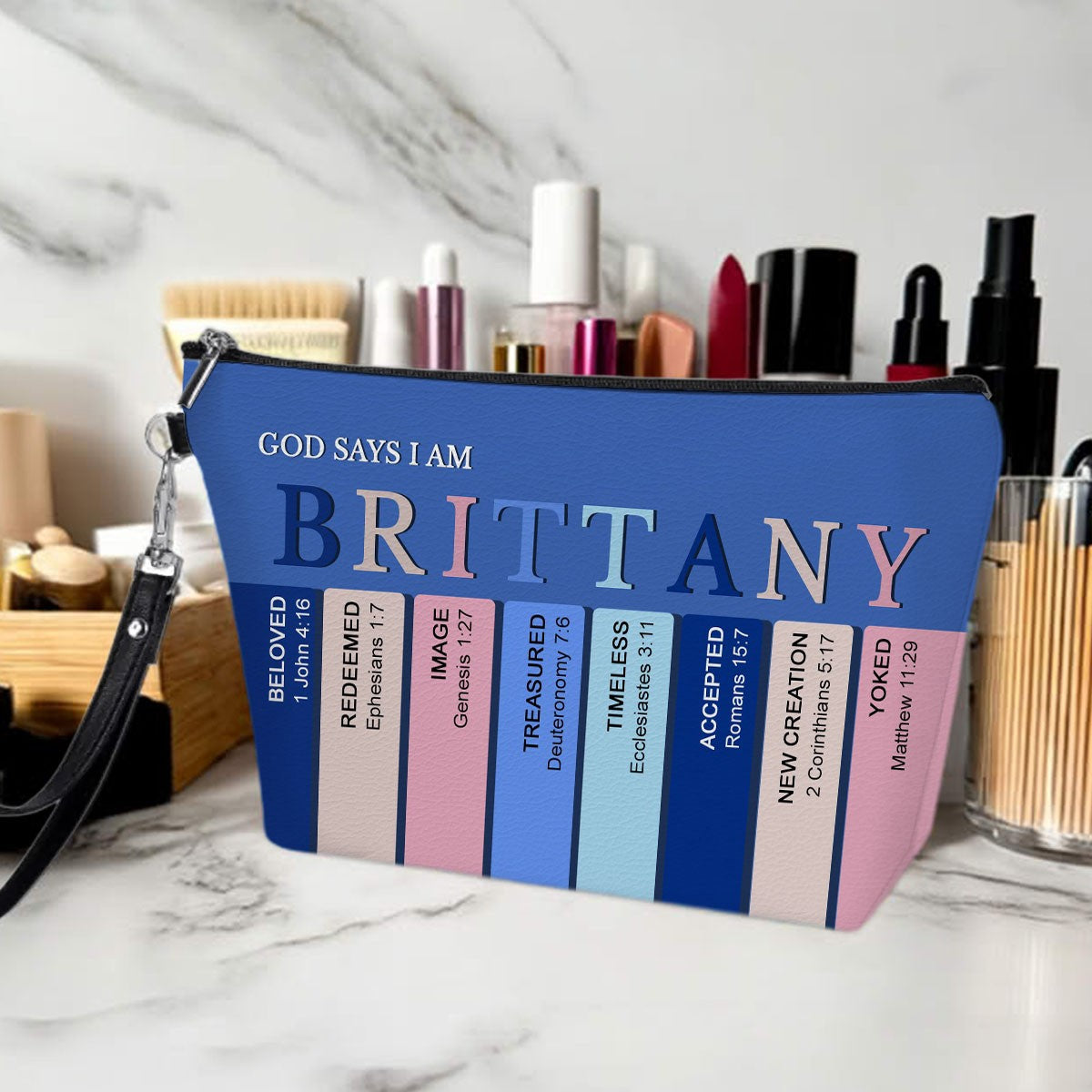 Personalized Christian Makeup Bag – Custom Name Bible Verse Cosmetic Pouch | God Says I Am Gift for Women