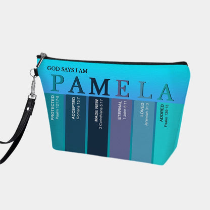 Personalized Christian Makeup Bag – Custom Name Bible Verse Cosmetic Pouch | God Says I Am Gift for Women