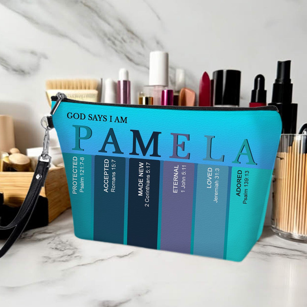 Personalized Christian Makeup Bag – Custom Name Bible Verse Cosmetic Pouch | God Says I Am Gift for Women