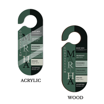 Personalized Christian Door Knob Hanger – God Says I Am Door Knob Sign – Personalized Name with Verses – Premium Acrylic or Wood | CHRISTIANARTBAG