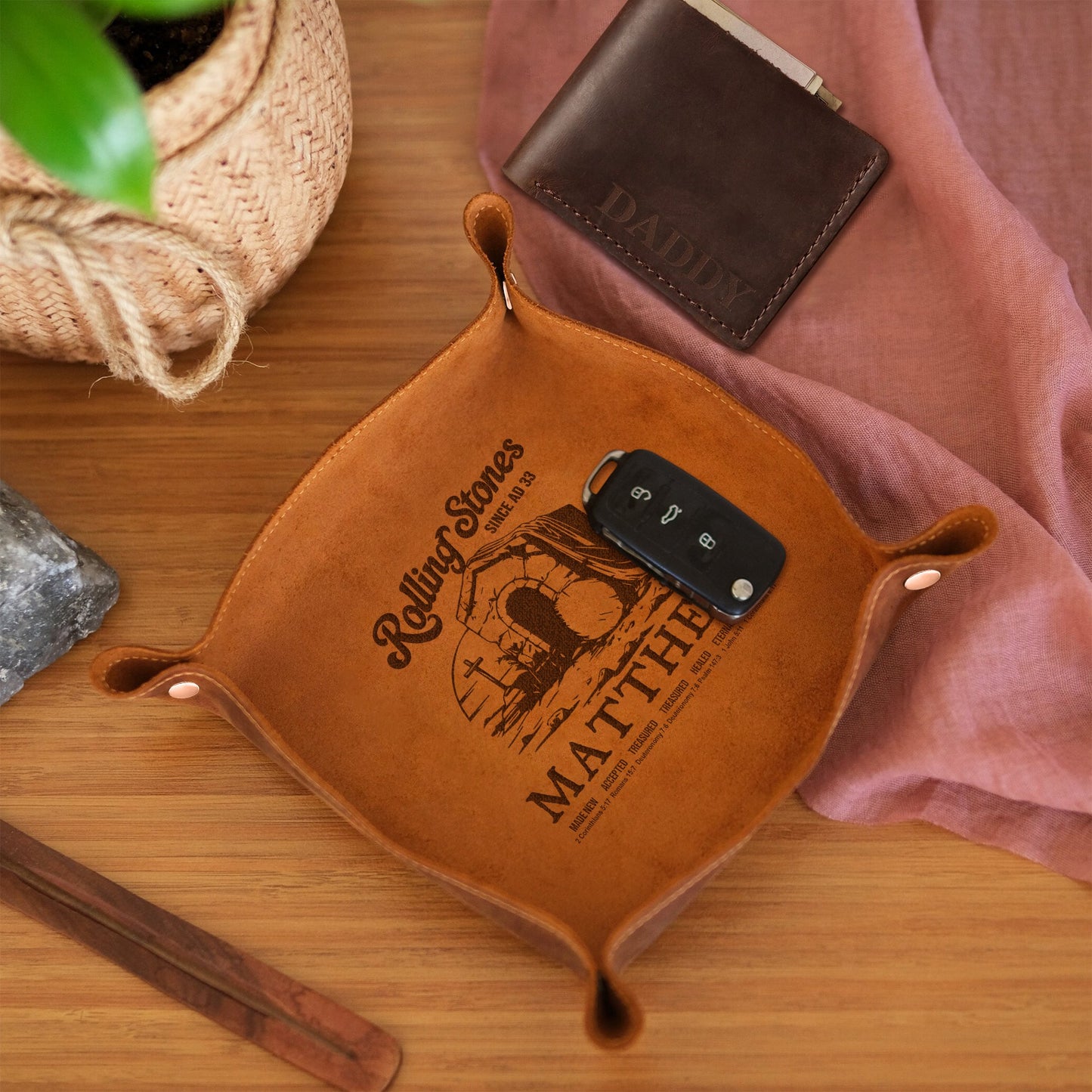 CHRISTIANARTBAG Personalized Leather Tray | Uncover the sacred meaning of your name – Rolling Stones Since Ad 33 – Custom Engraved Christian Gift by CHRISTIANARTBAG, CAB03120525