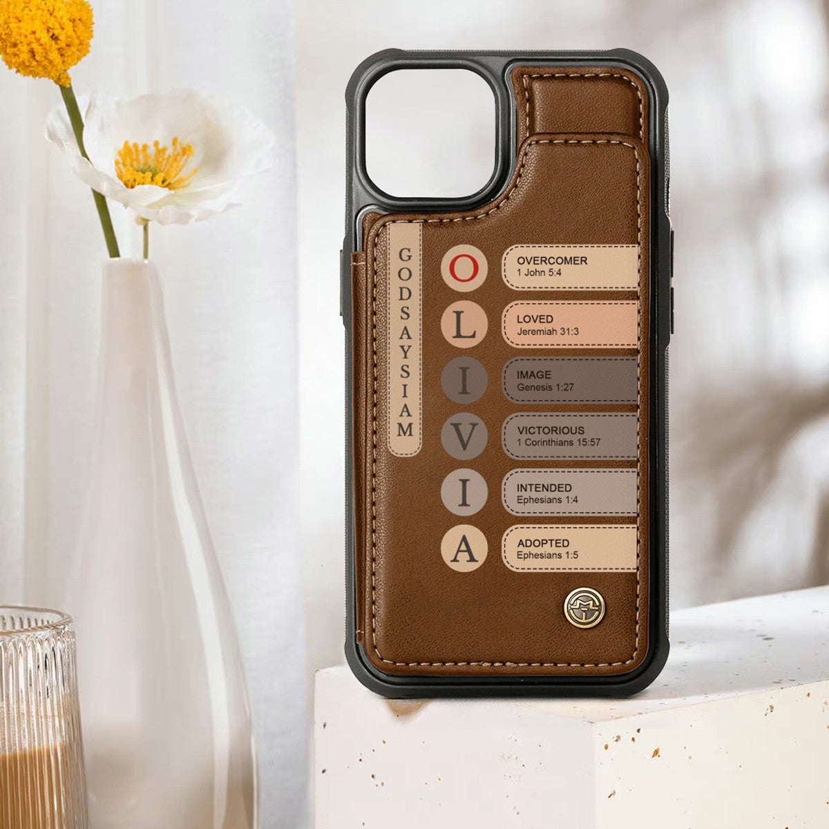 Personalized Leather Flip Wallet Phone Case with Bible Verse Initials – Custom Name Christian Phone Cover by CHRISTIANARTBAG