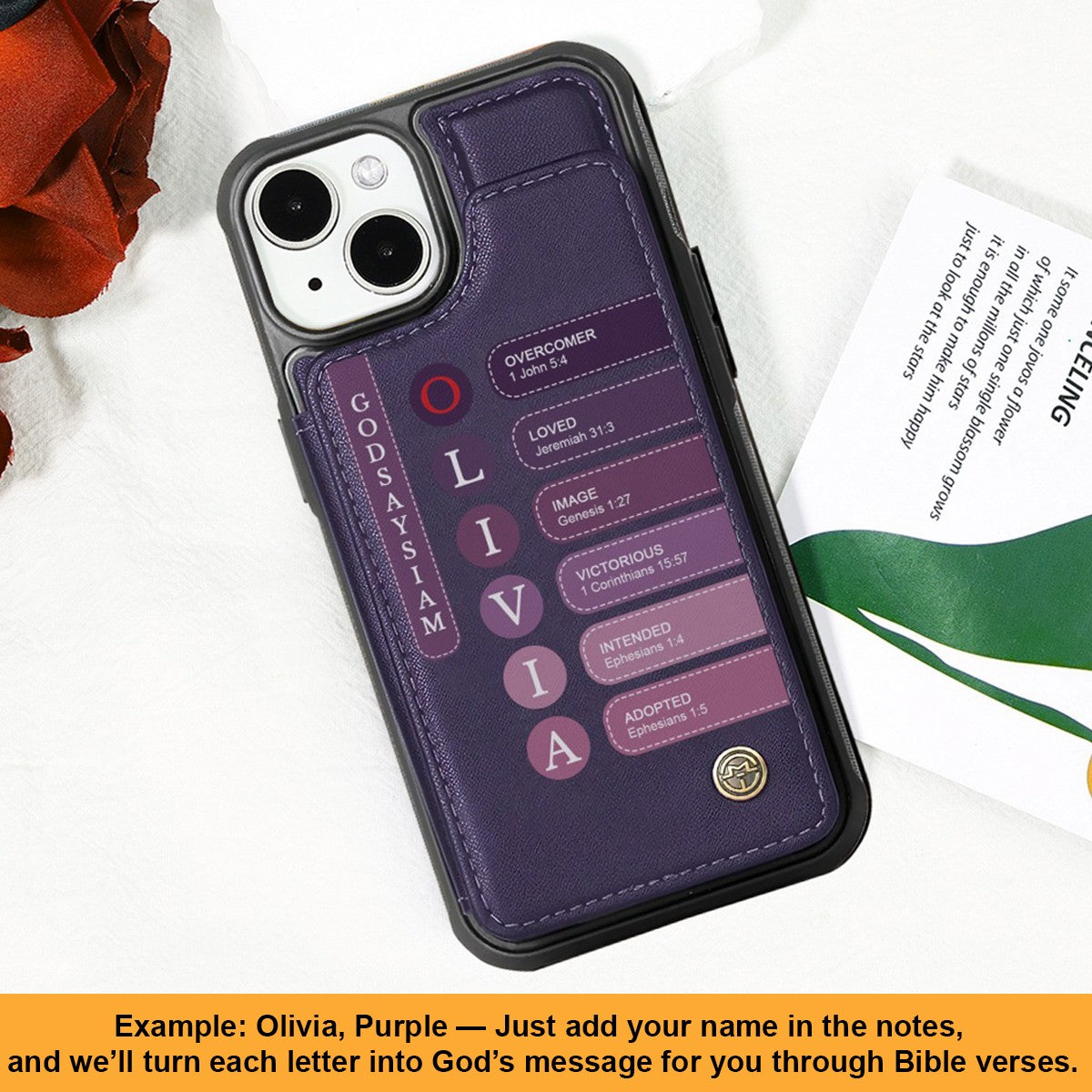 Personalized Leather Flip Wallet Phone Case with Bible Verse Initials – Custom Name Christian Phone Cover by CHRISTIANARTBAG