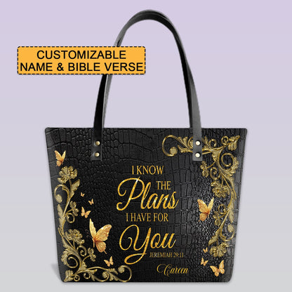 Personalized Leather Tote Bag with Bible Verses – I Know The Plans I Have For You – Custom Faith-Inspired Leather TOTE Bag | CHRISTIANARTBAG Leather TOTE Bag CAB016625
