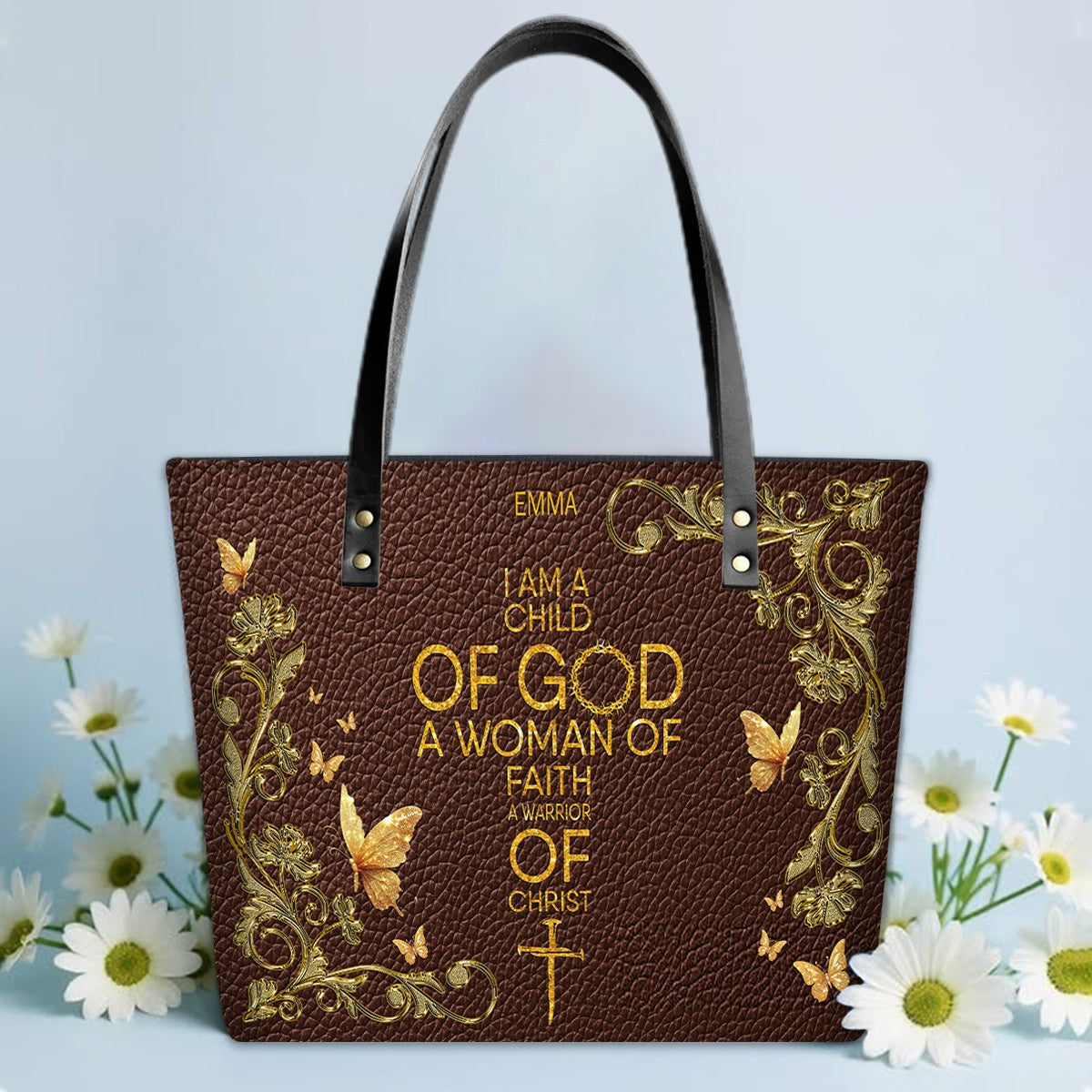 Personalized Leather Tote Bag with Bible Verses – Custom Faith-Inspired Leather TOTE Bag | CHRISTIANARTBAG Leather TOTE Bag Navy CAB01122225