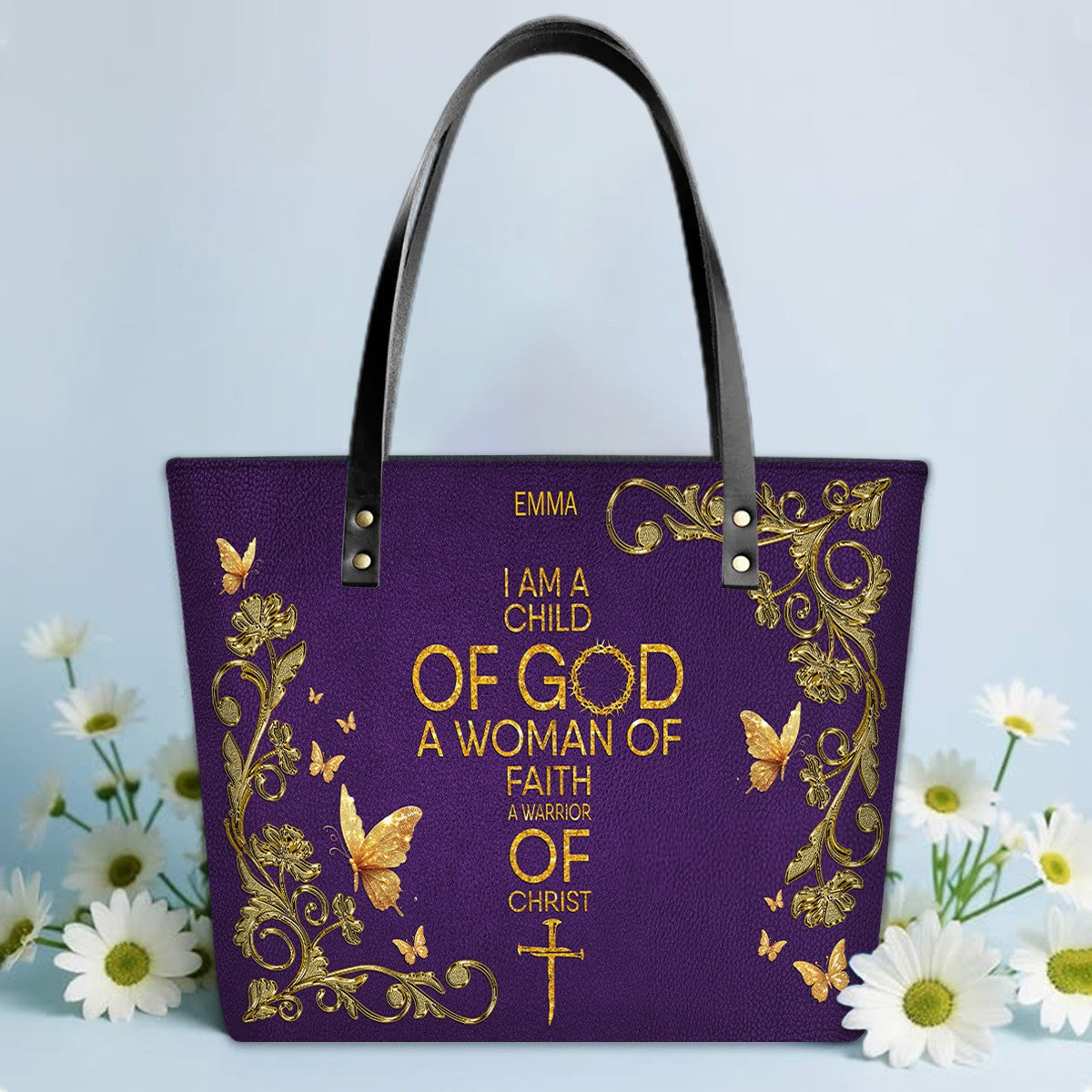 Personalized Leather Tote Bag with Bible Verses – Custom Faith-Inspired Leather TOTE Bag | CHRISTIANARTBAG Leather TOTE Bag Navy CAB01122225